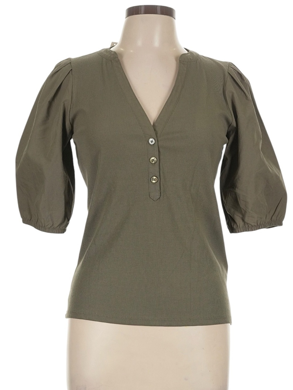 Madewell Puff Sleeve Henley Knit Top Size Large Olive Green Slim fit Cotton NWT